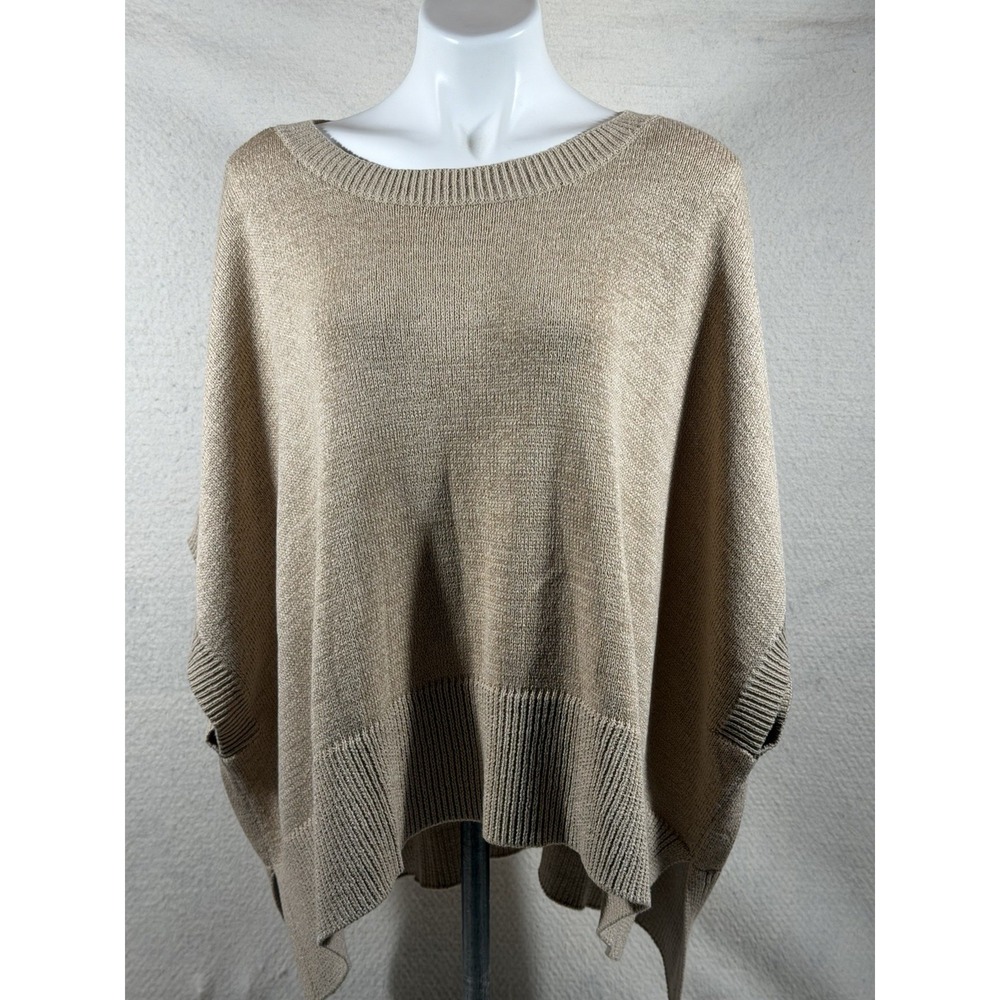 Chicos XL Knit Poncho Sweater Beige Boat Neck Oversized Boho Coastal Chic